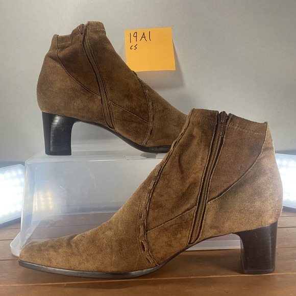 Franco Sarto Shoes - Franco Sarto Brown Suede Leather Zip Up Square Toe Block‎ Heel Ankle Booties